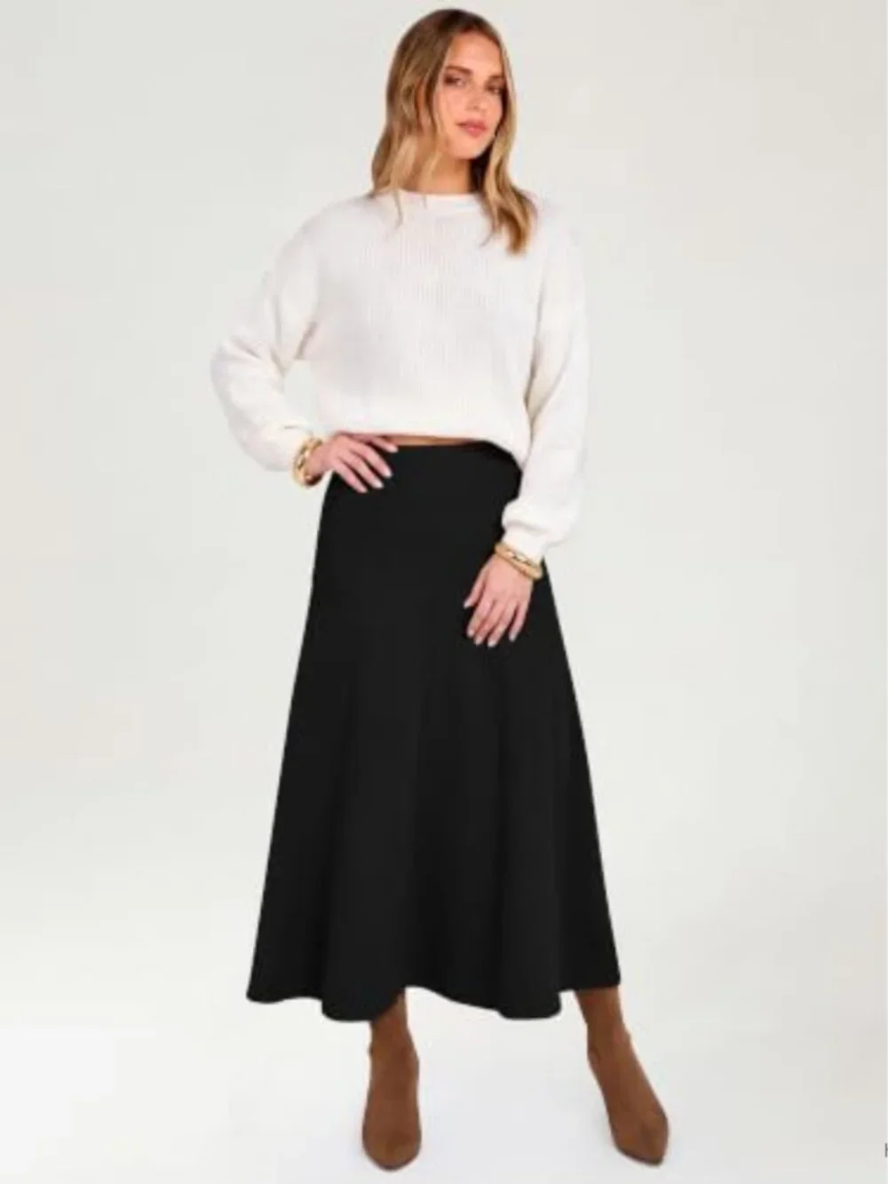 A-Line High Waist Midi Skirt Pleated Flowy Swing